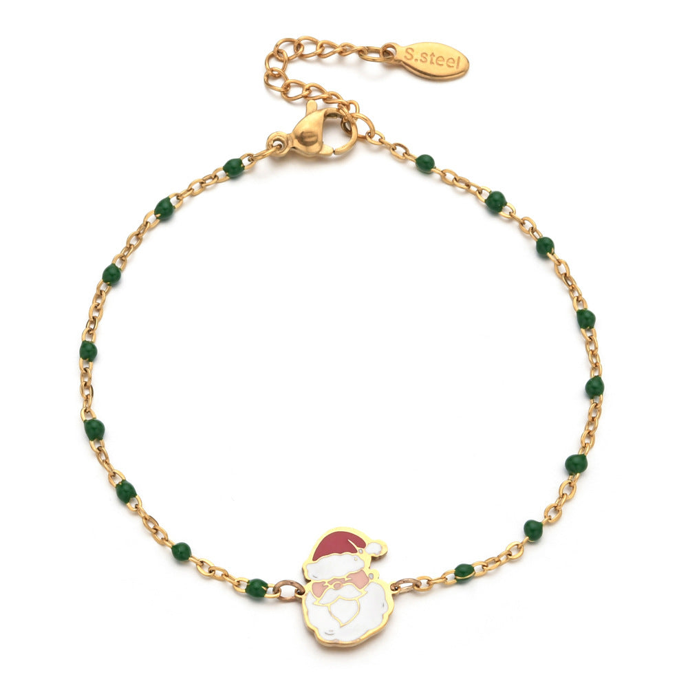 Wholesale Christmas Alloy Drip Oil Santa Claus Stainless Steel Rice Bead Bracelet